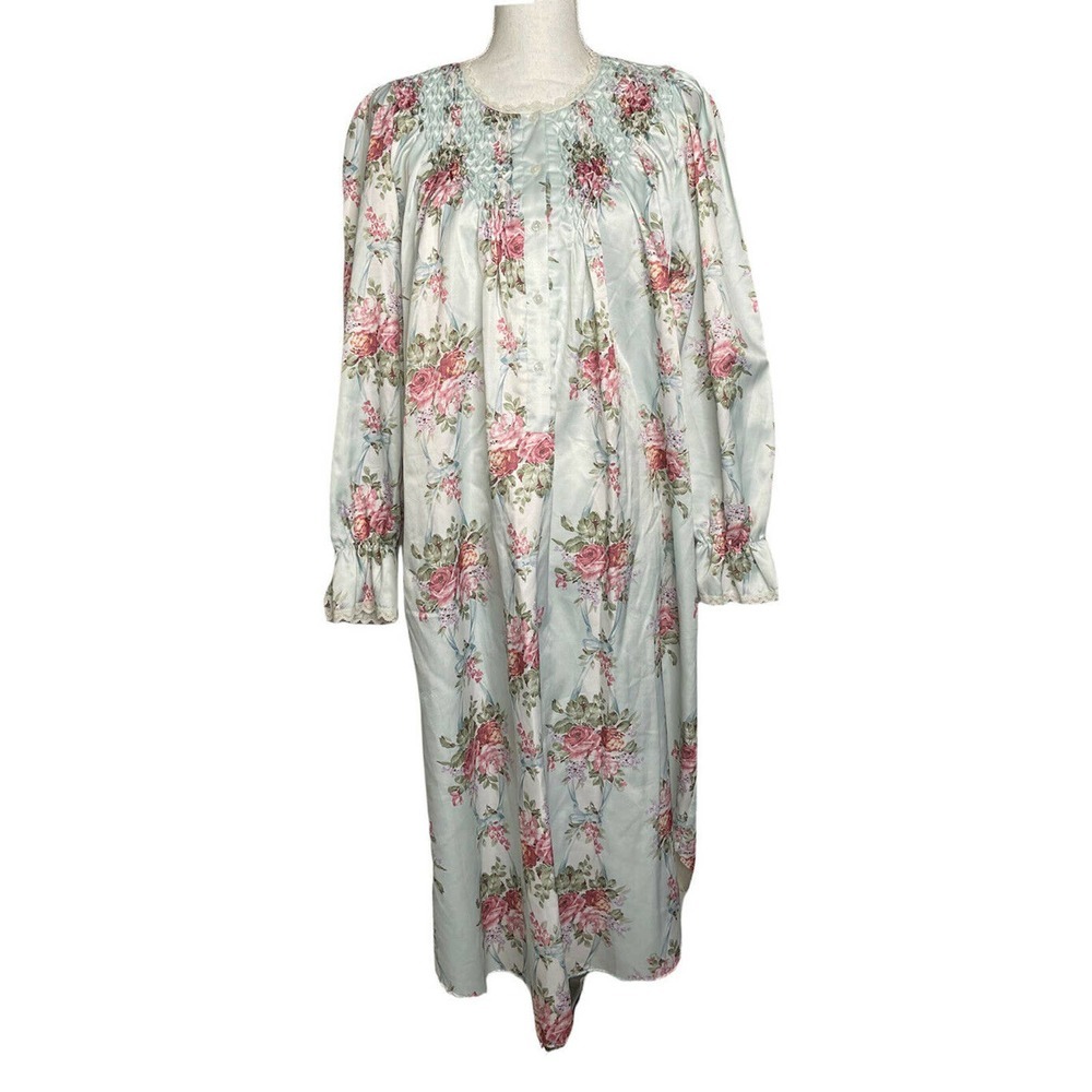 Vintage CHELSEAS COTTAGE Blue Pink Floral Cottage Core Fleece Lined Nightie Sz S